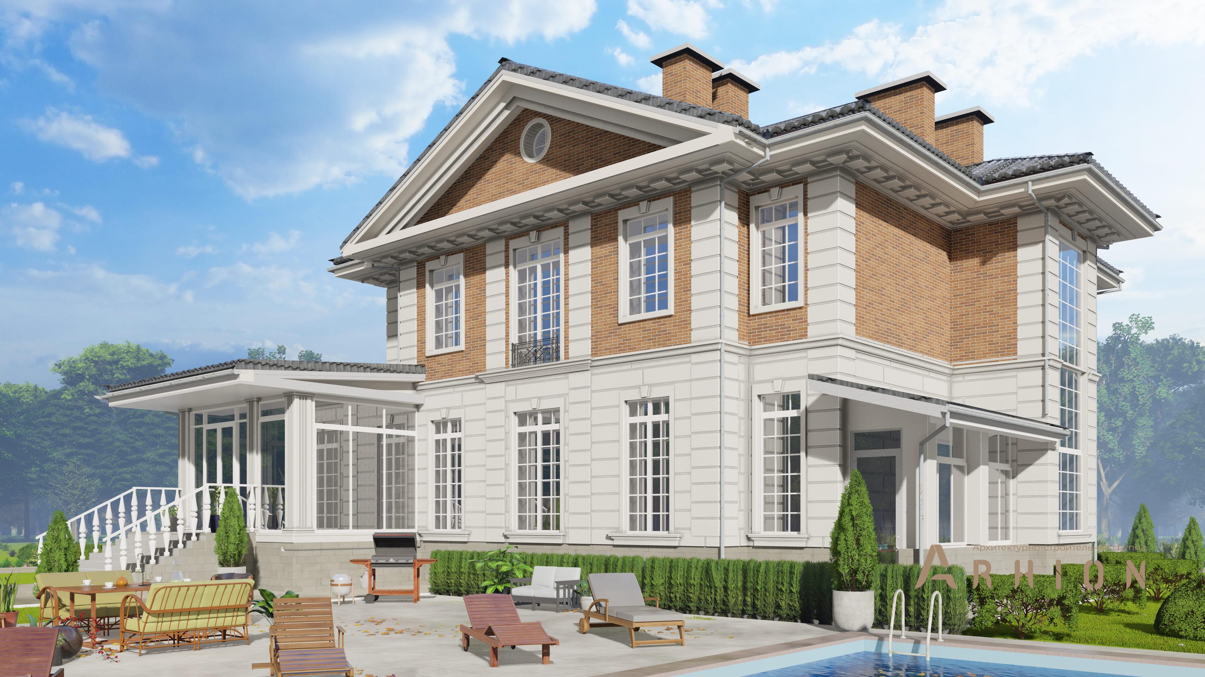 2. Проект двухэтажного дома в классическом стиле с многоскатной кровлей, h-1602, площадью - 537 кв c цокольным этажом, сауной, терассой, балконом